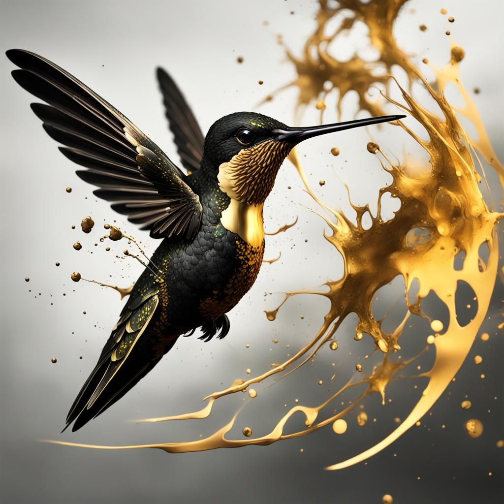 Hummingbird in Black and Gold Ink Splatter