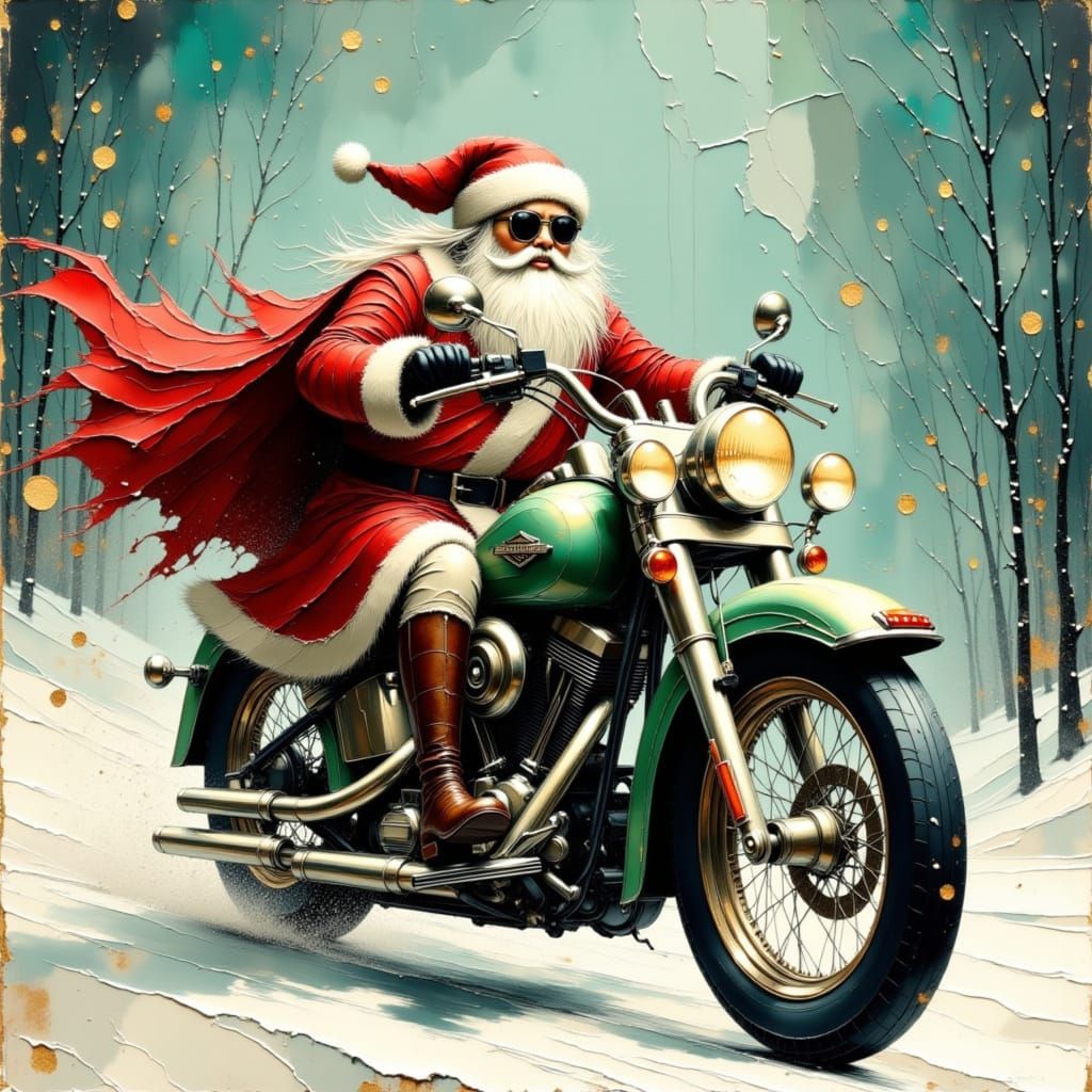 Santa Claus Rides a Harley Through Snowy City Lights