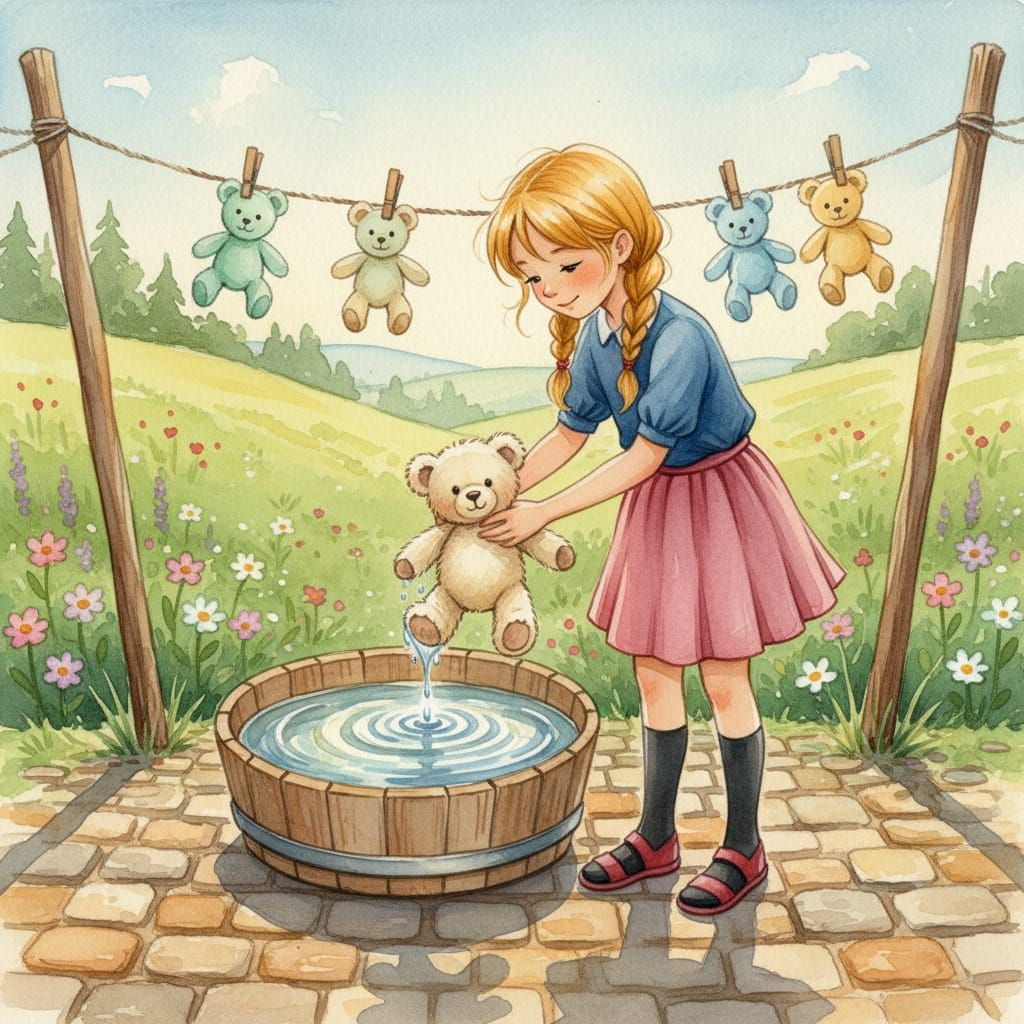 Whimsical Watercolour of Girl Dipping Teddy Bear in Water