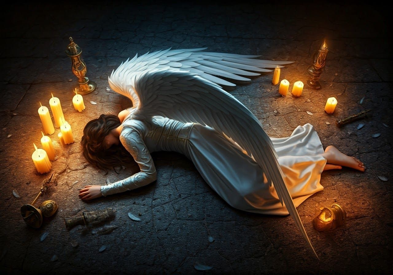 Fallen Angel in Dramatic, Dimly Lit Scene