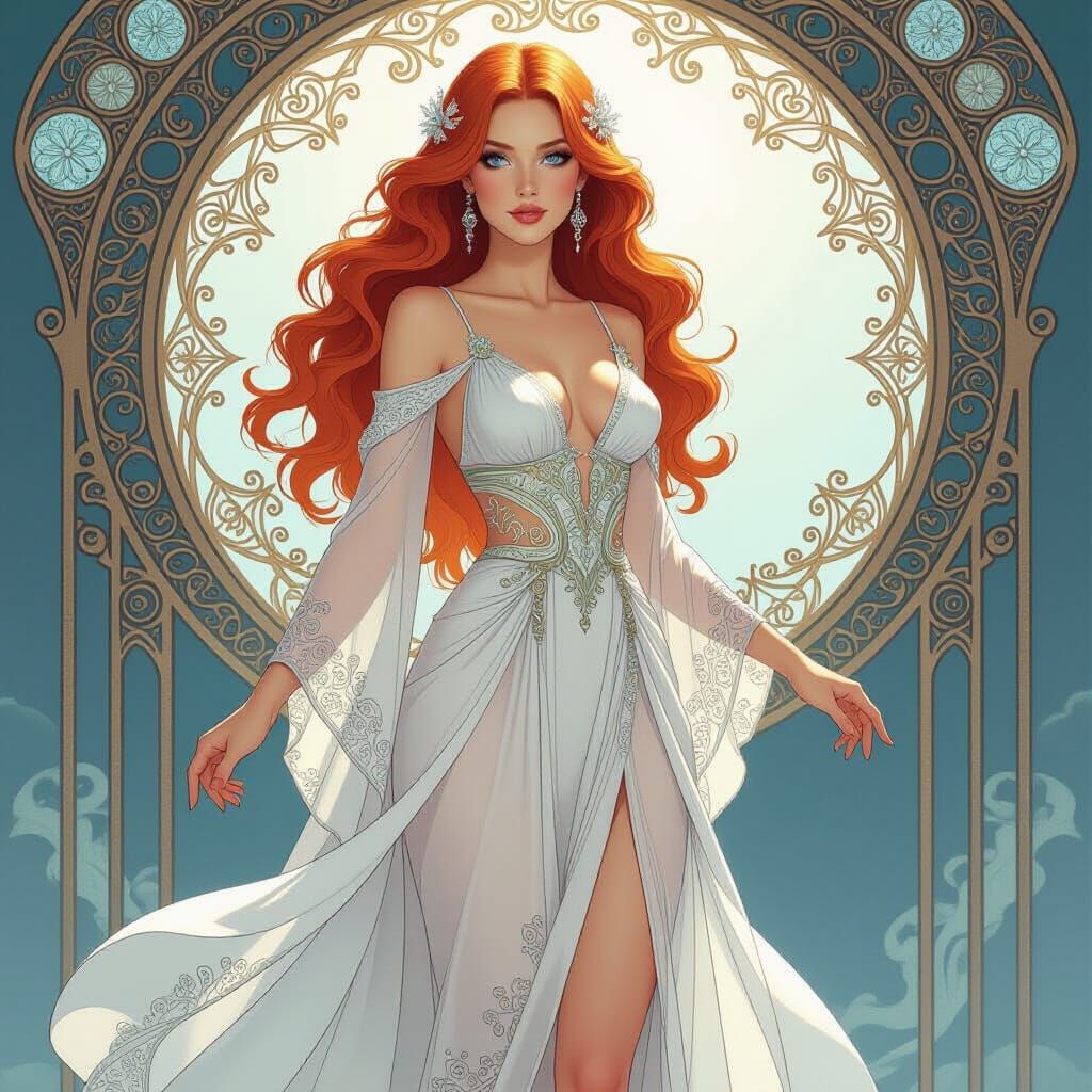 Elegant Woman with Flaming Hair in Celestial Dress