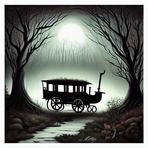 Ghostly Carriage in Moonlit Forest Oil Painting