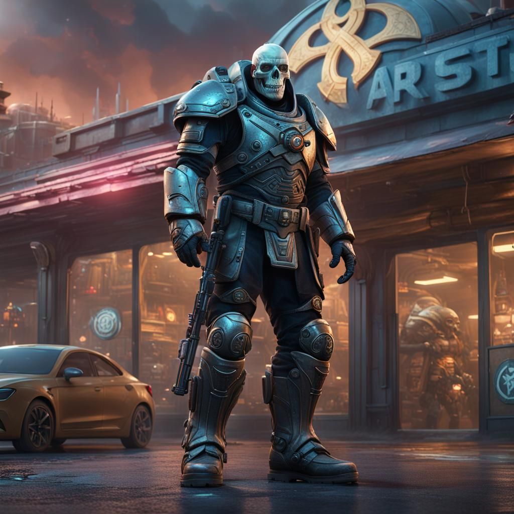 Middle-Aged Man in Skull Armor at Strip Mall