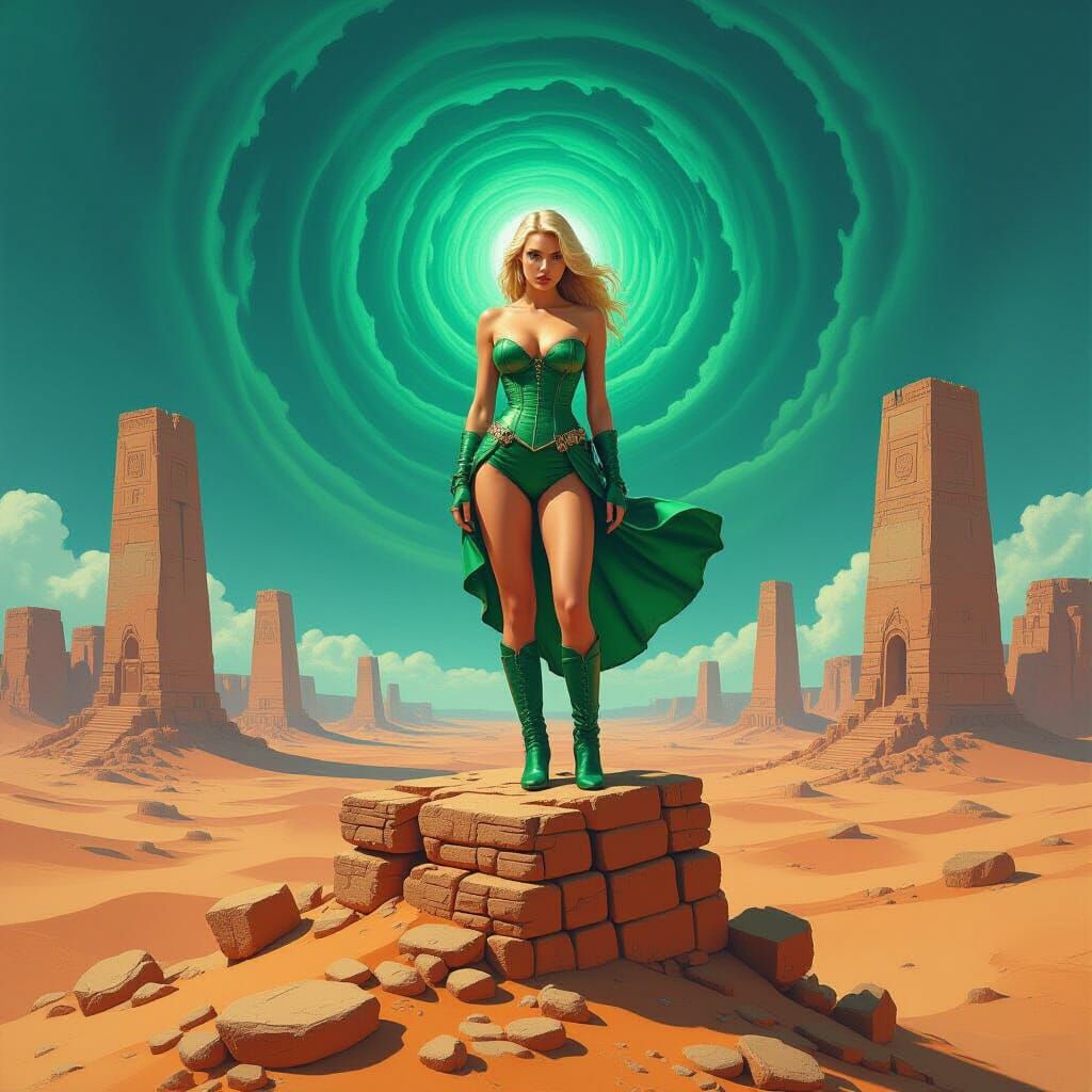 Surreal Desert Ruin: Woman in Green, Matte Painting