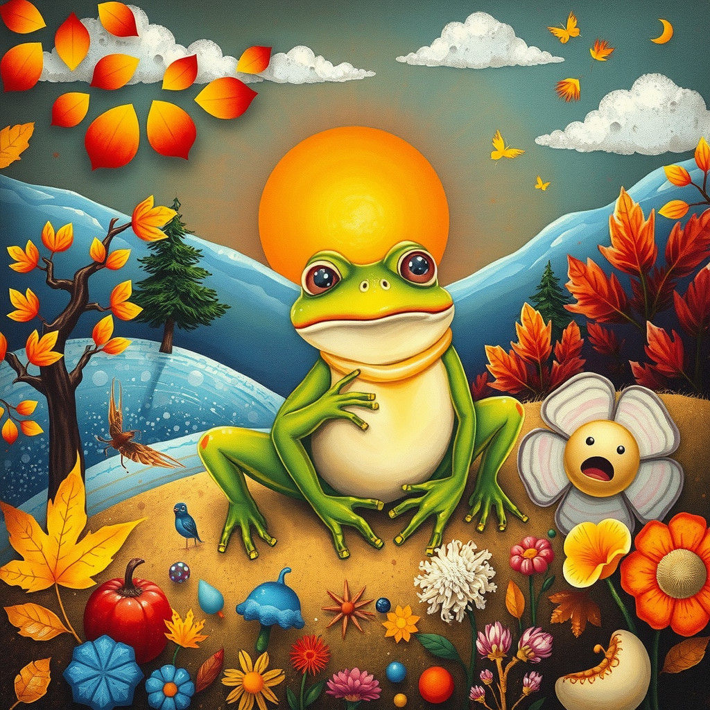 Frog in Quad Seasonal Landscape, Detailed Illustration