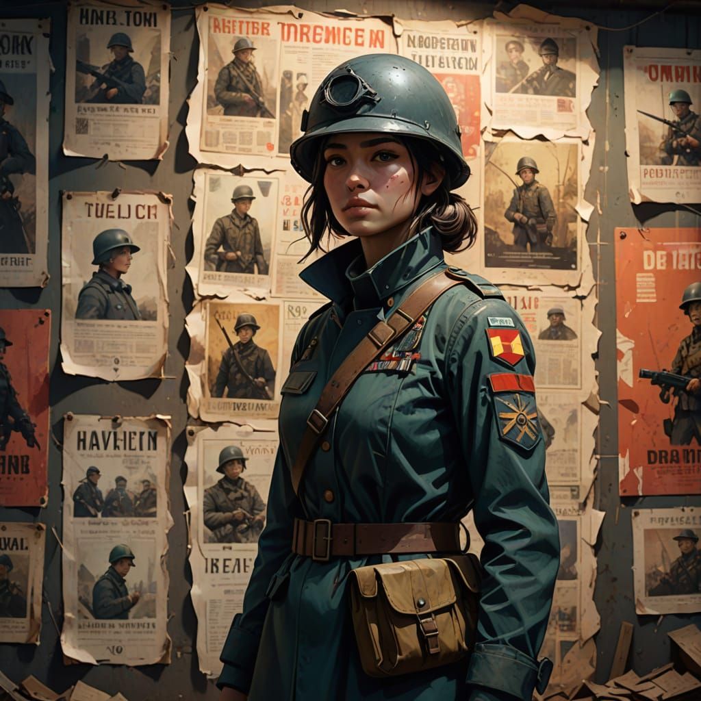 Female Trench Soldier in Front of Vintage Posters in Vibrant...