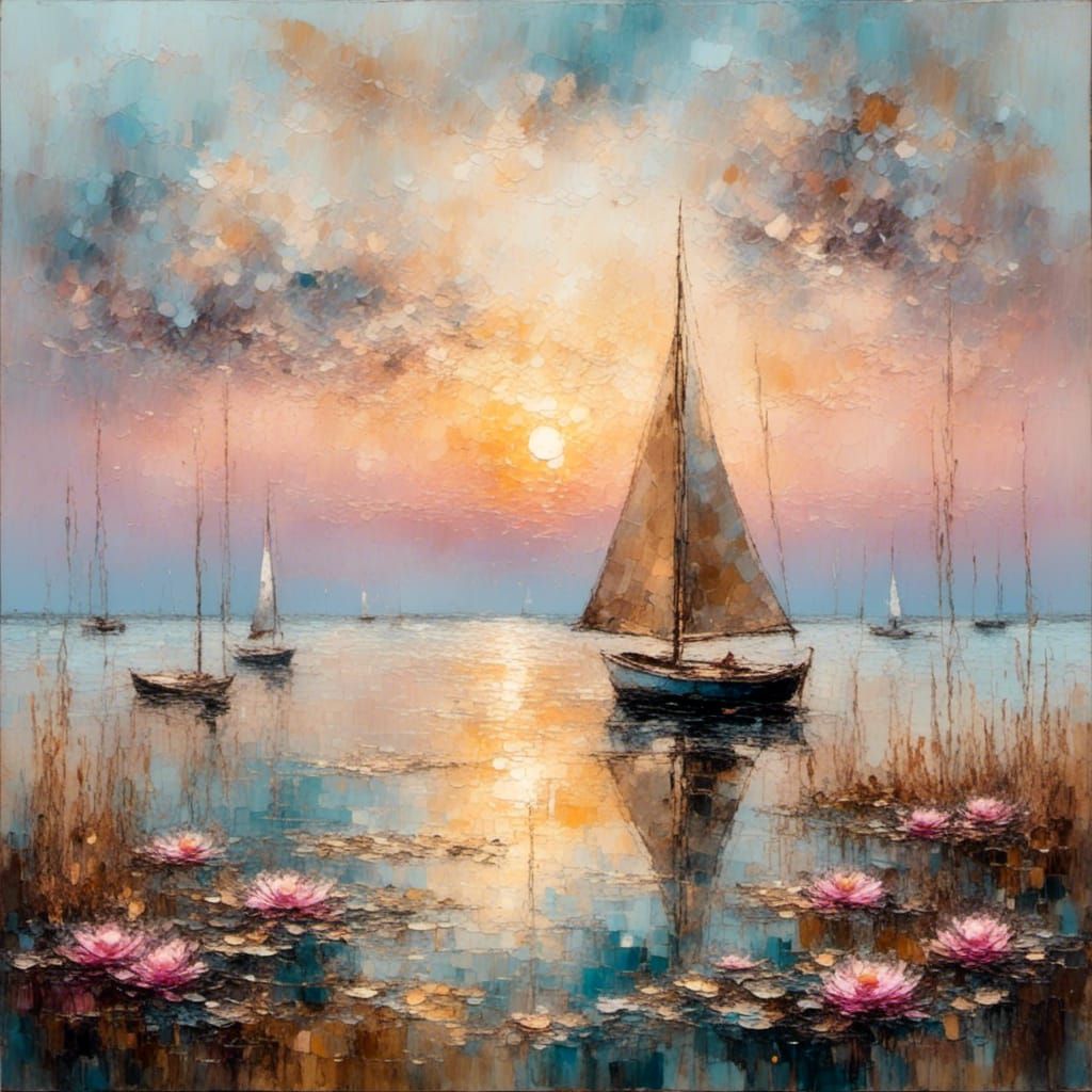 Monet Style Sailboat on Calm Golden Sea