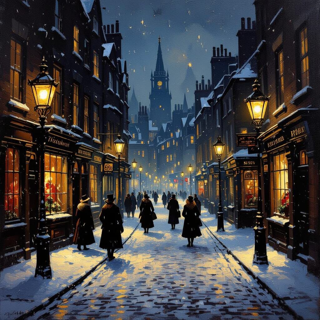 Victorian Christmas London Street Scene Oil Painting