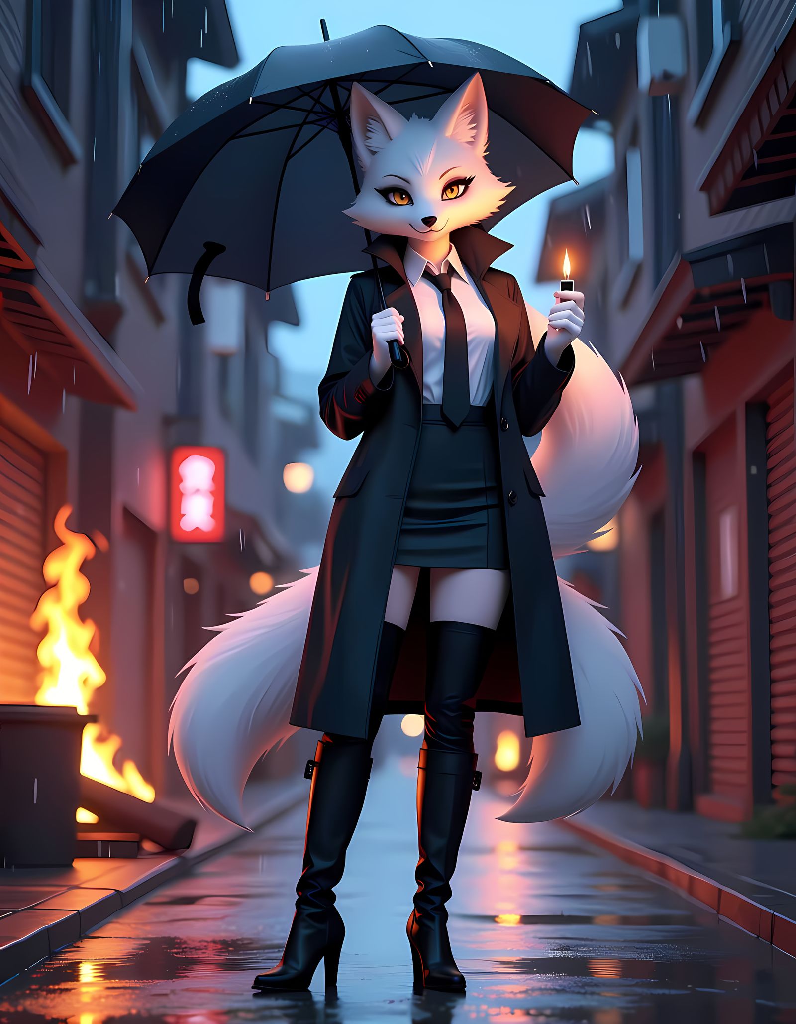 Confident Kitsune Spy in Raincoat with Burning Building