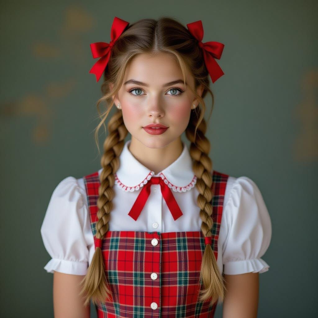 Young Woman in White Blouse and Pinafore Dress