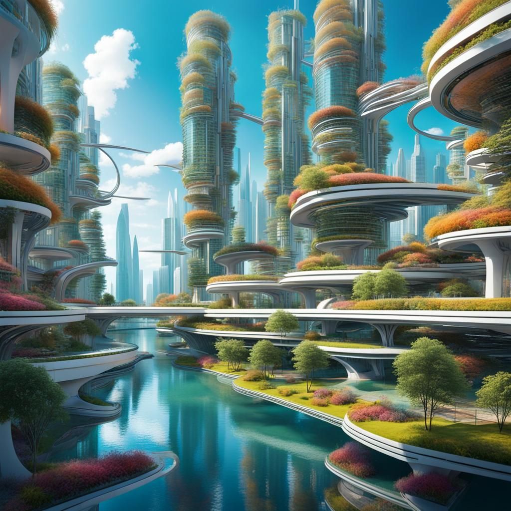 Utopian Future City with Clean Air and Open Spaces