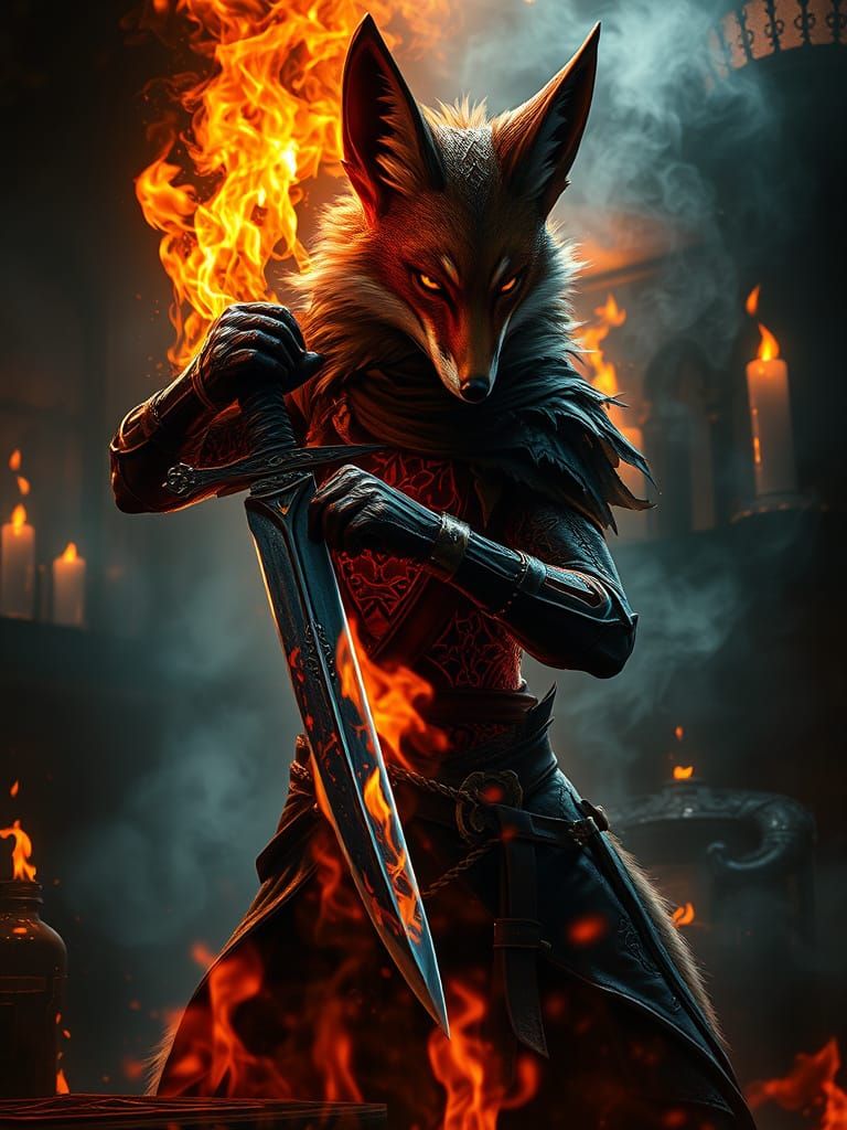 Surreal Dark Fantasy Fox in Fiery Tavern Scene