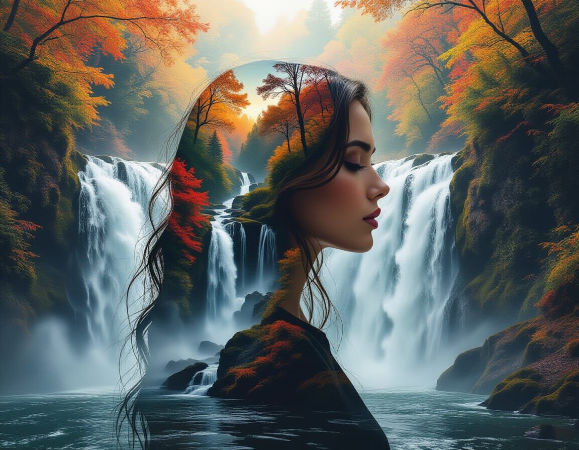 Woman's Profile Merged with Autumn Waterfall Fantasy Art