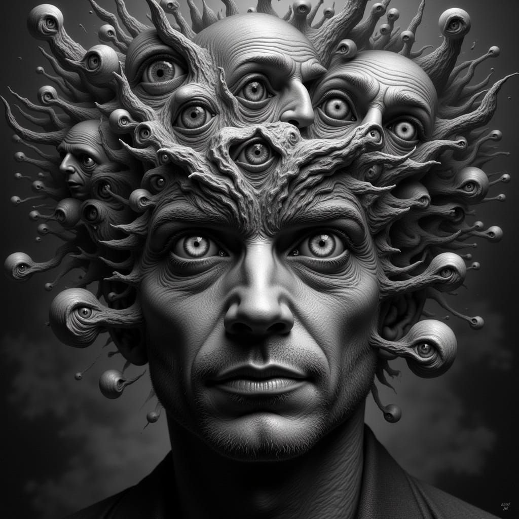 Unsettling Mindscape of Fractal Faced Figures