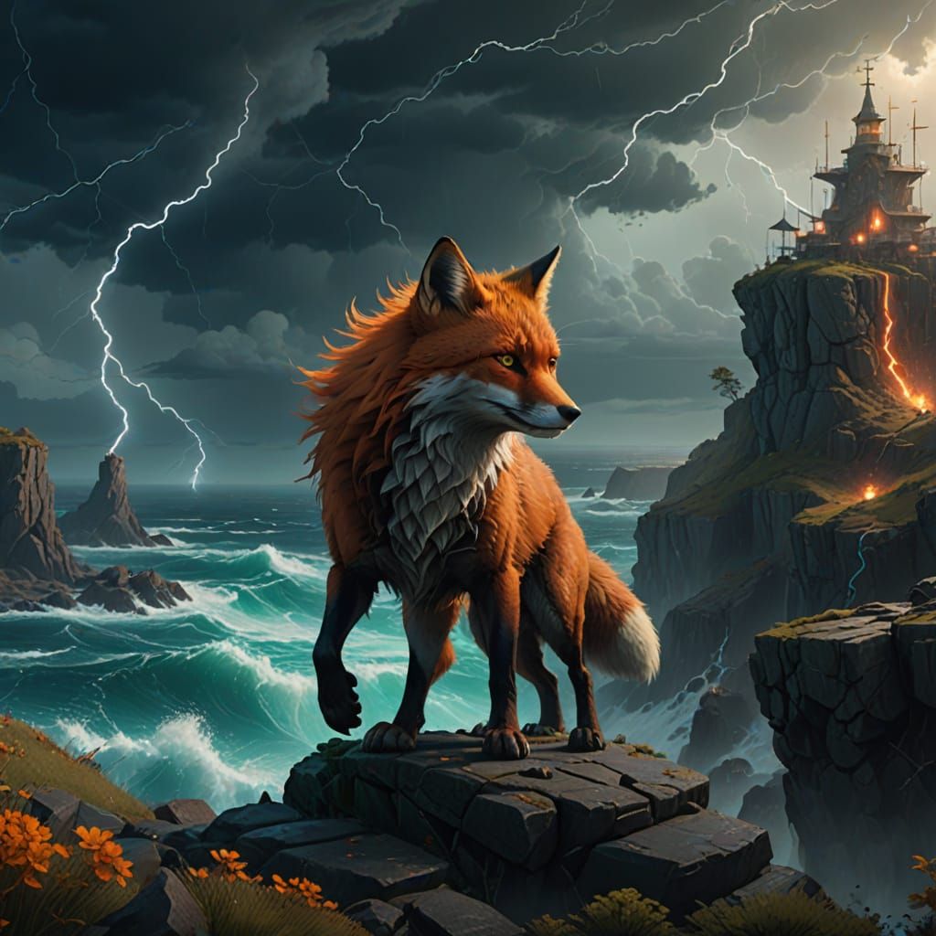 Epic Fox Amidst Tempestuous Stormy Skies