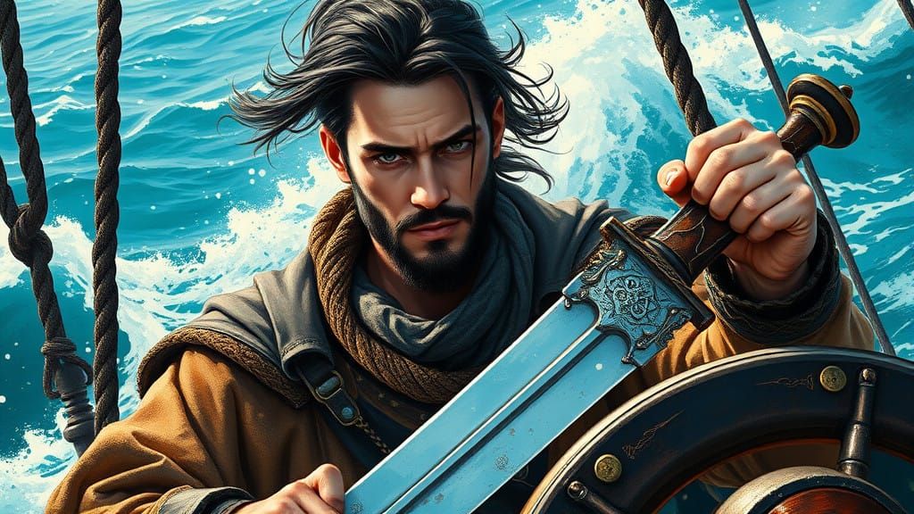 Sinbad Sailor Heroically Commands Turbulent Seas