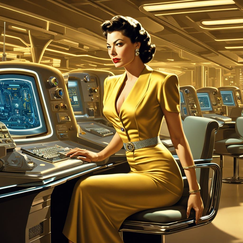 Retro Sci-Fi Lab with Ava Gardner Look-Alike