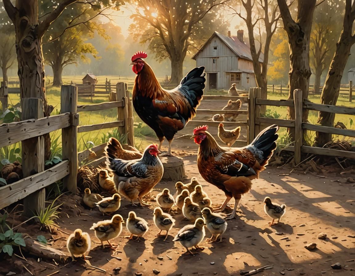 Hen and Chicks in Farmyard: Rustic Oil Painting
