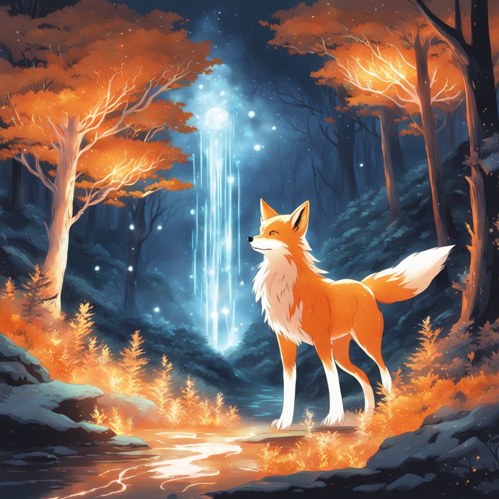 Bioluminescent Forest with Fox Patronus in Anime Style