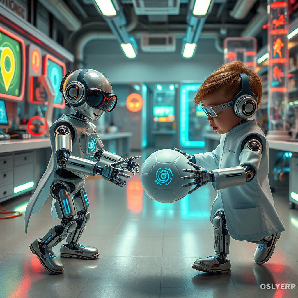 Android Toys Playing Ball in Futuristic Lab