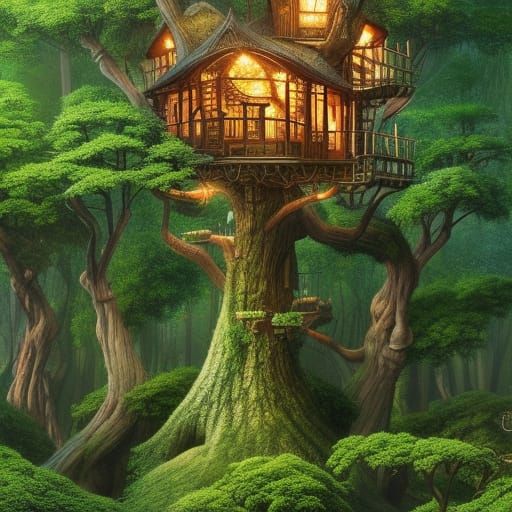 Enchanted Treehouse in Lush Forest, Digital Art