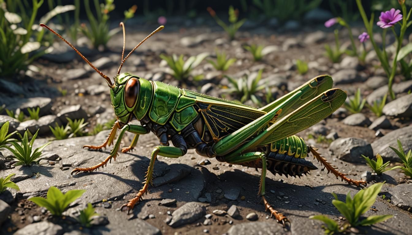 Vibrant Grasshopper in Detailed 3D Anime Art