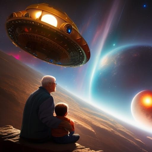 Grandfather and Grandson in Star Observatory, Hyperrealistic...