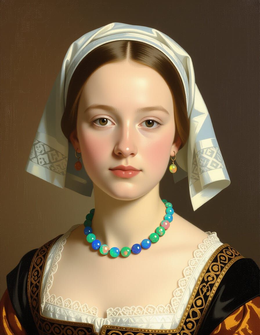 Dutch Young Woman Wearing Opal Necklace, Vermeer Style