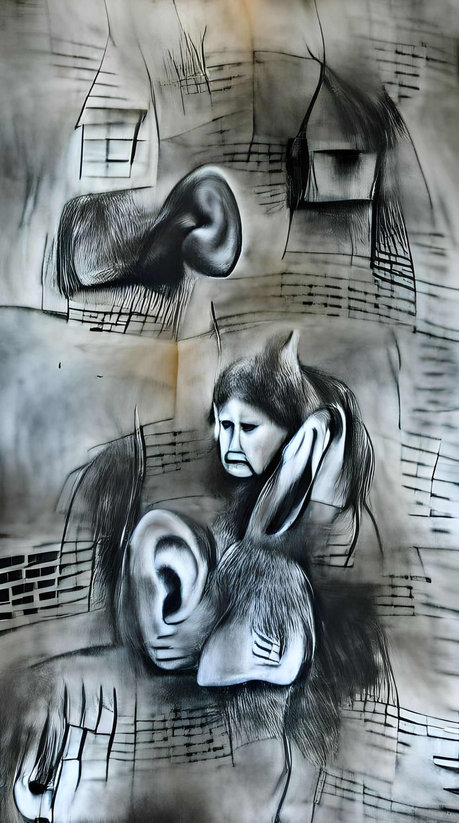 Eerie Charcoal Drawing of Hearing Voices