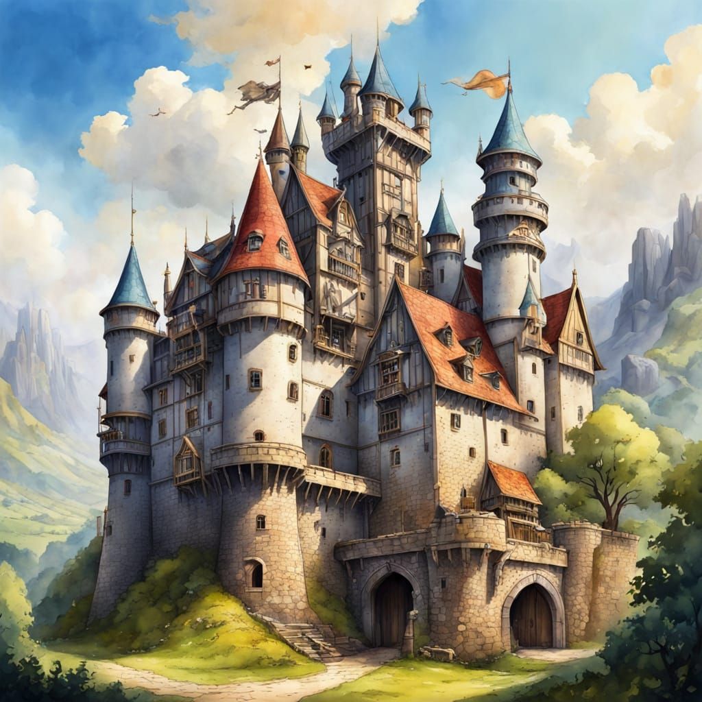 Colorful Cartoon Medieval Castle with Steampunk Engineer