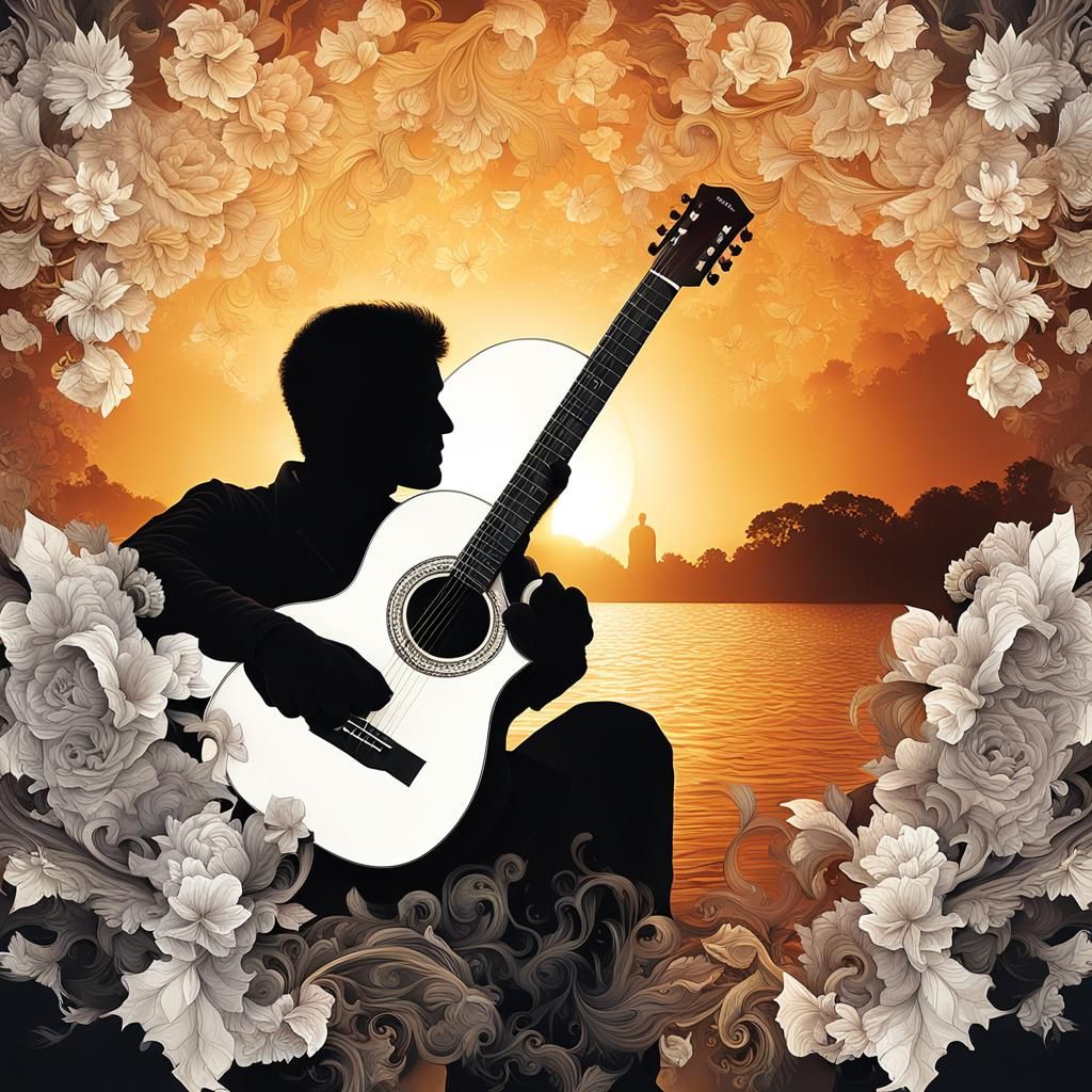 Acoustic Guitar Double Exposure with Four Seasons