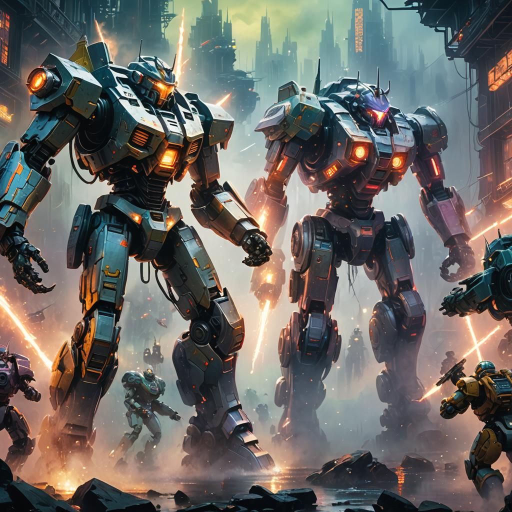Mecha Warriors Battle in Misty Neon Landscape