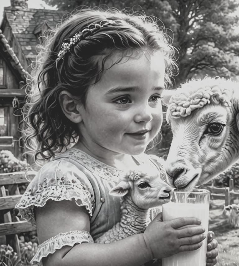 Baby Girl Feeds Lamb in Candy Art Style