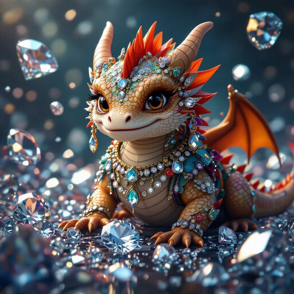 Cute Dragon in Futuristic Jewelry Amidst Diamonds