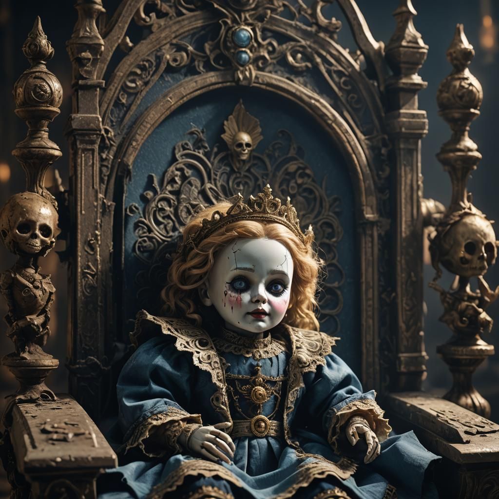Creepy Doll on Throne in Dark Fantasy Style