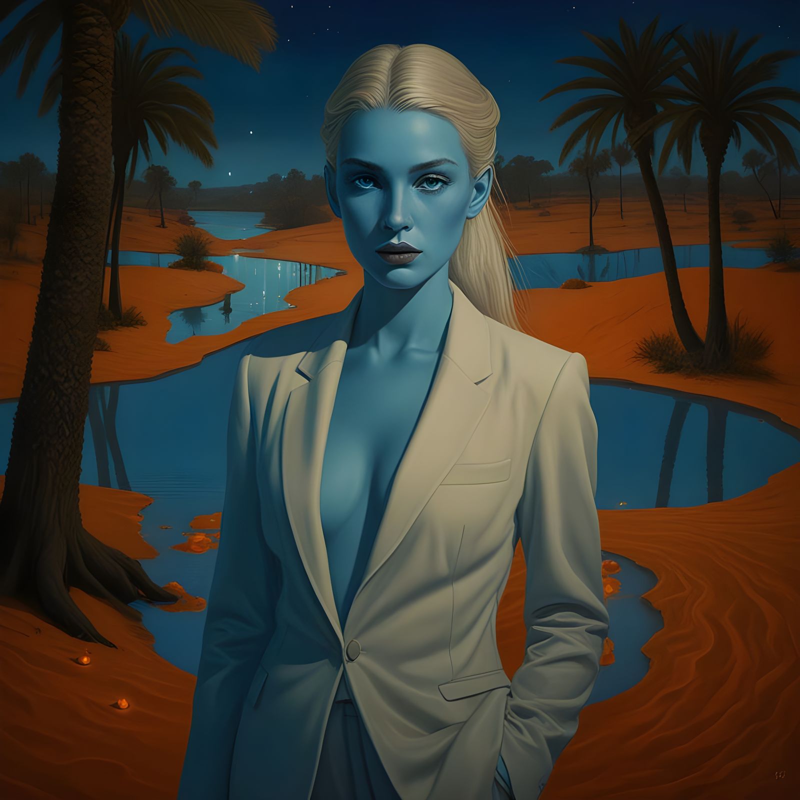Sapphire Skin Businesswoman Materializes in Desert Oasis