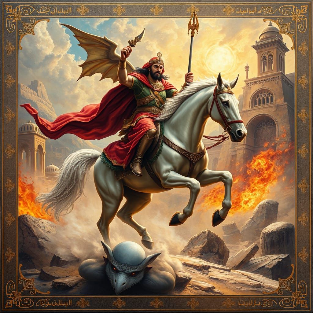 Epic Qahveh-Khaneh Painting of Rostam's Seven Labors