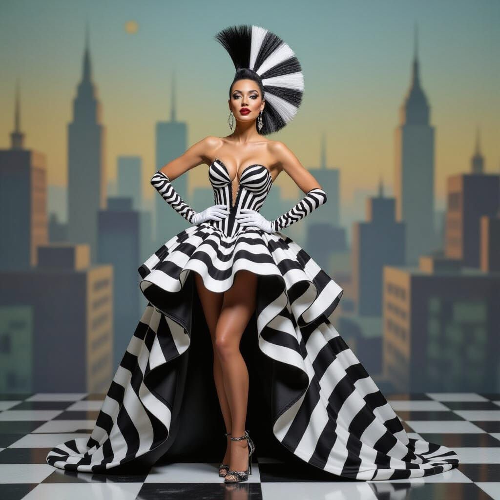 Glamorous Zebra Showgirl in Surreal Cityscape