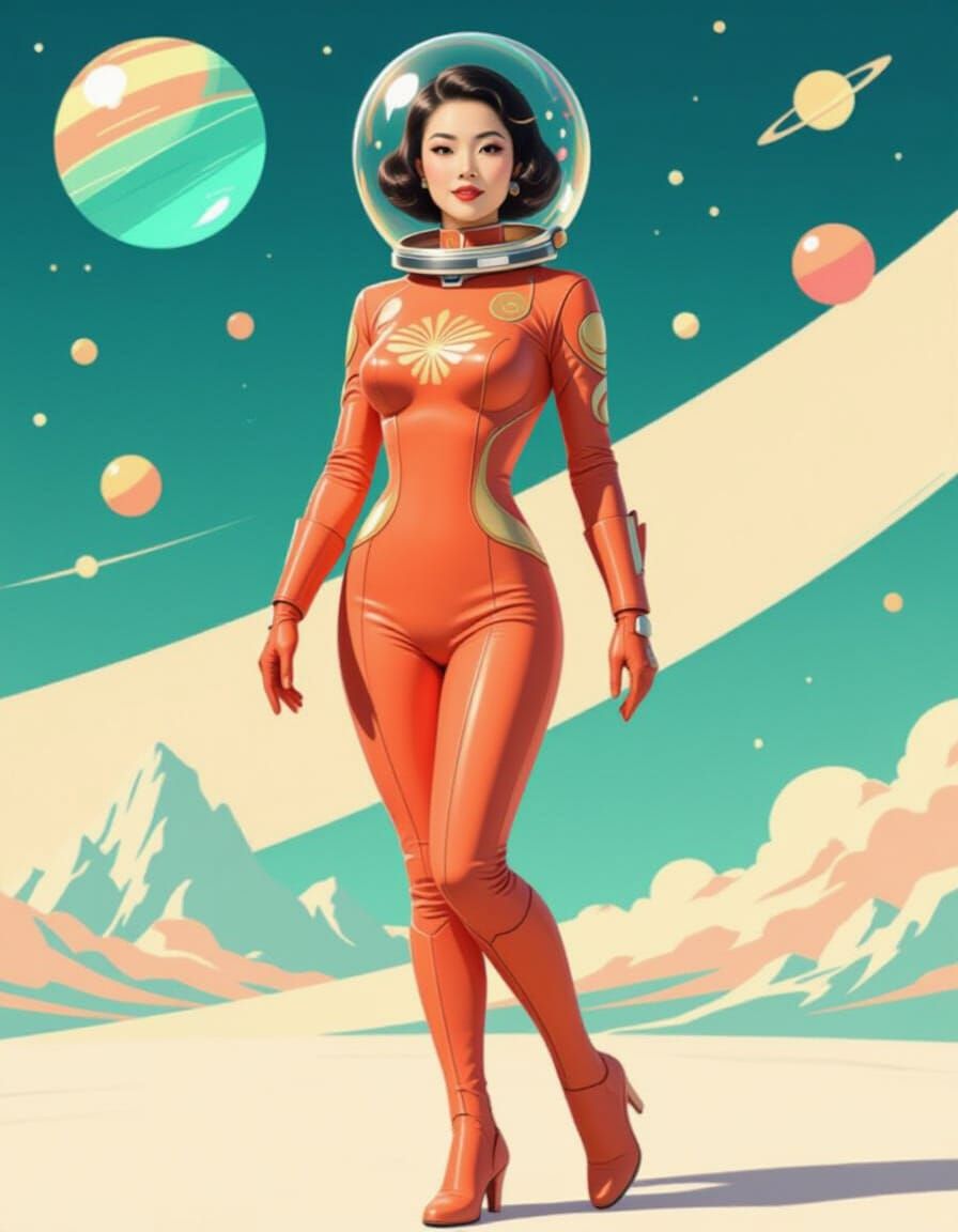 Retro-Futuristic Astronaut Woman in Rose-Orange Space Suit