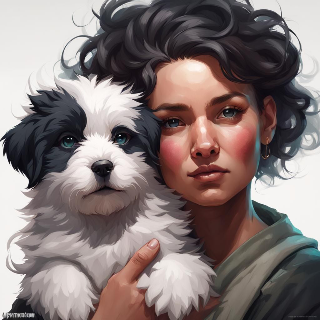 Charming Portrait of Puppy and Woman in Digital Art Style