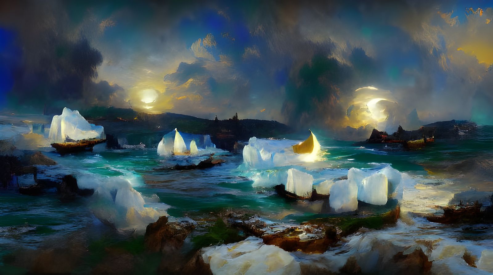 Moonlit Icebergs: A Luminous Seascape