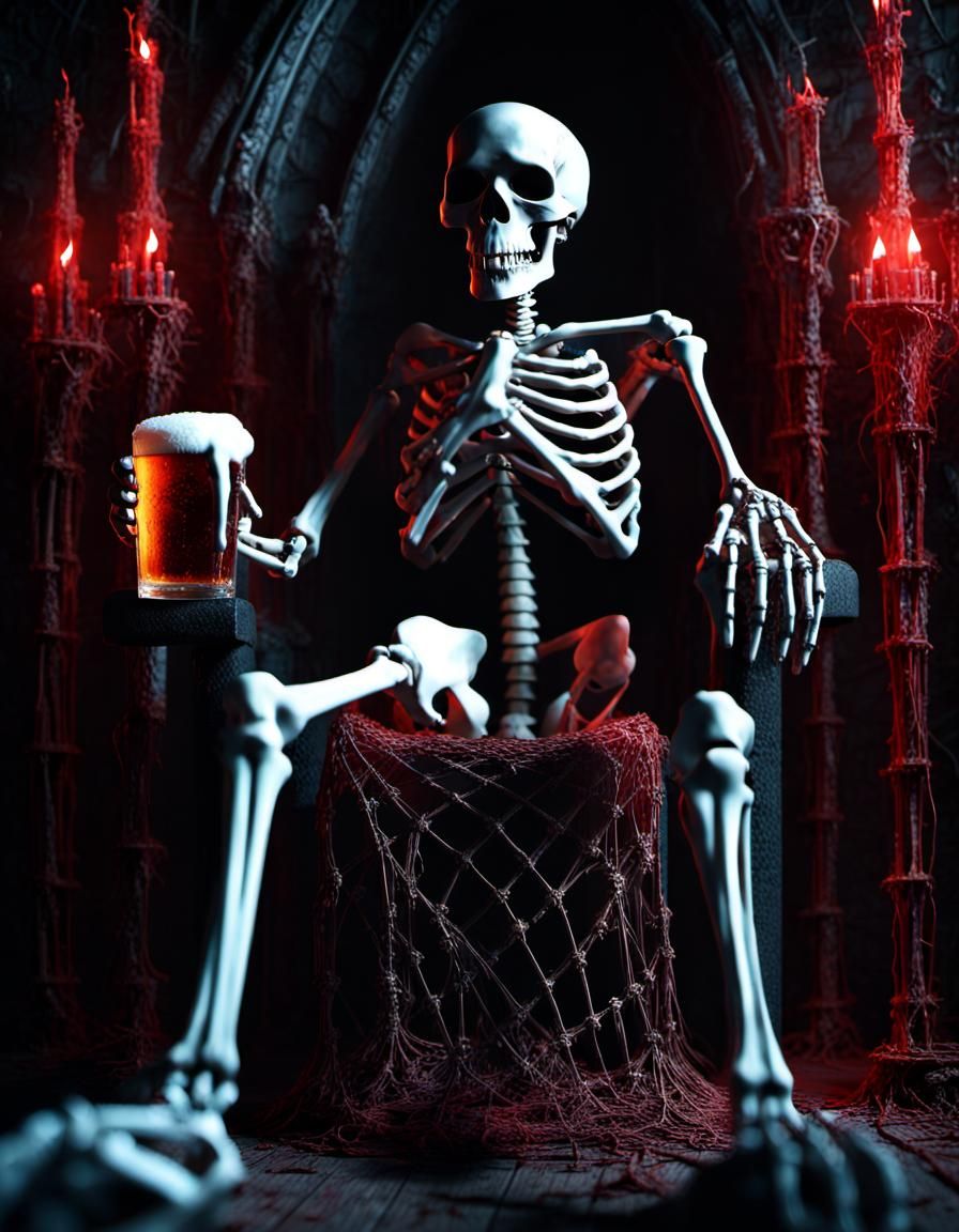 Skeleton King on Bone Throne with Beer