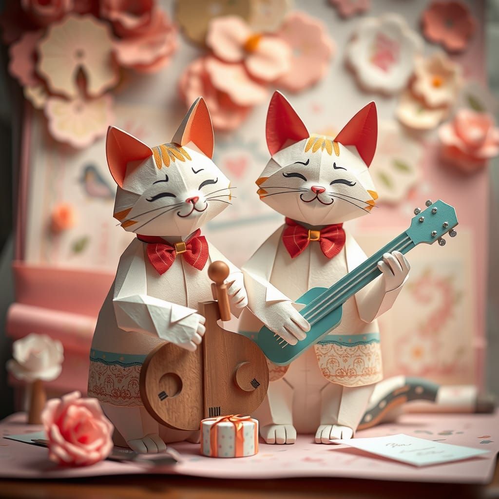 Origami Cat Musicians in Pastel Paper Landscape
