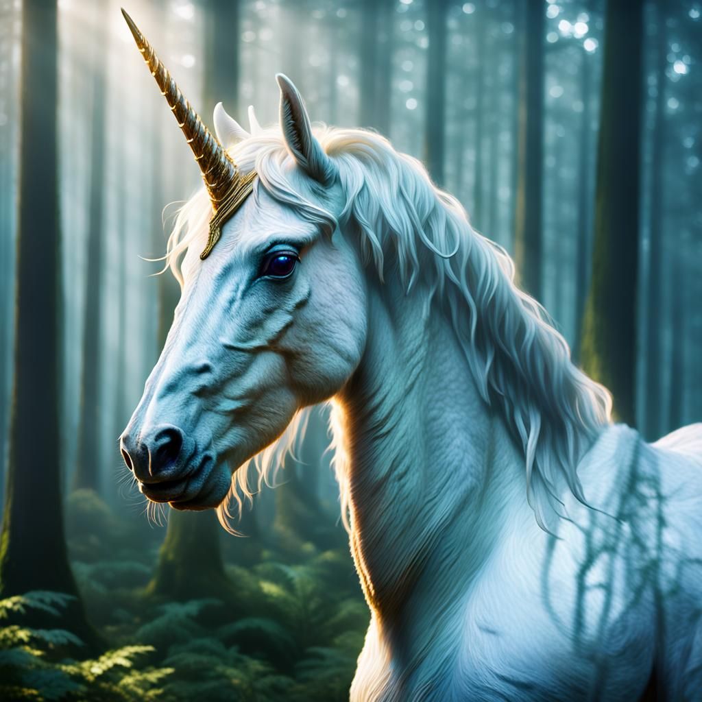 Mystical Unicorn in Misty Forest: Hyper-Realistic Close-Up