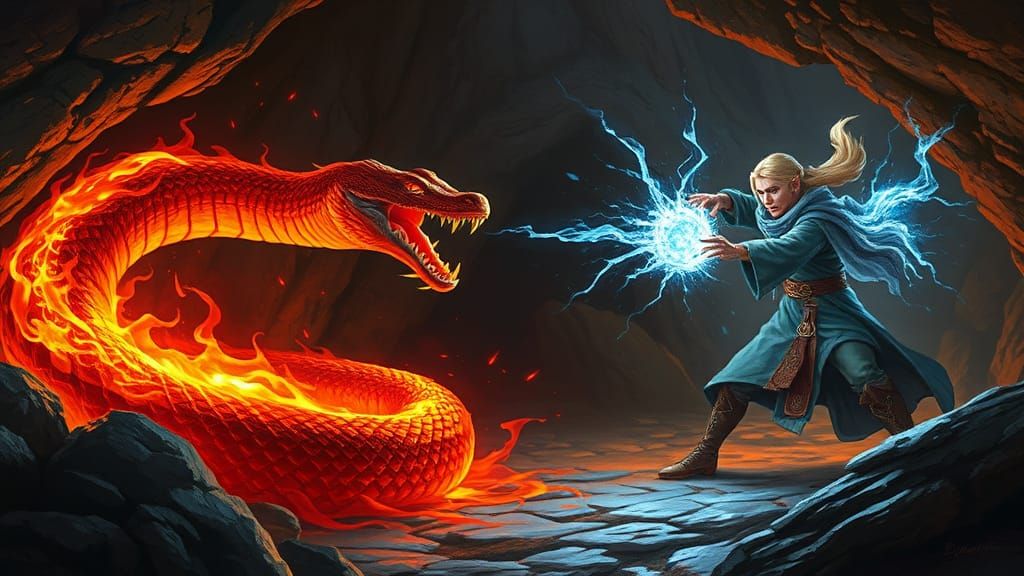 In the style of John Blanche. In a cave A fire snake and blo...