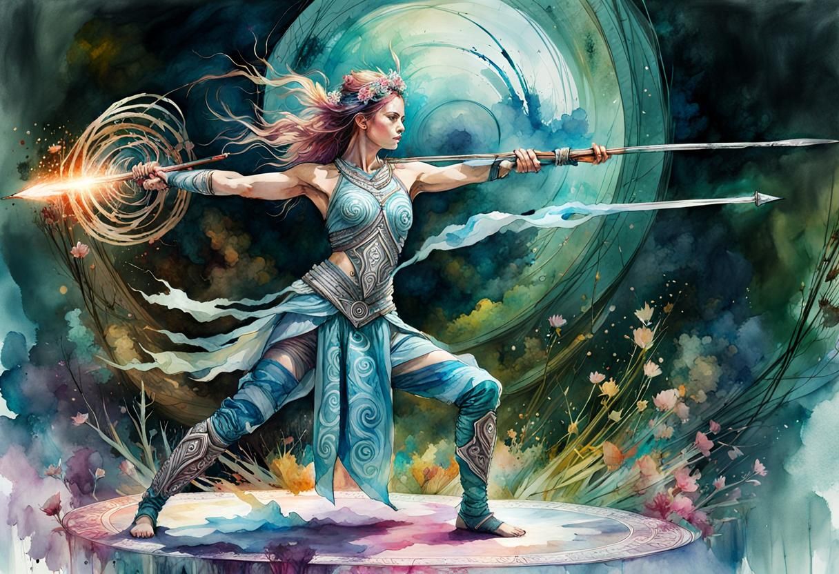 Fantasy Warrior in Yoga Pose, Digital Watercolor Art