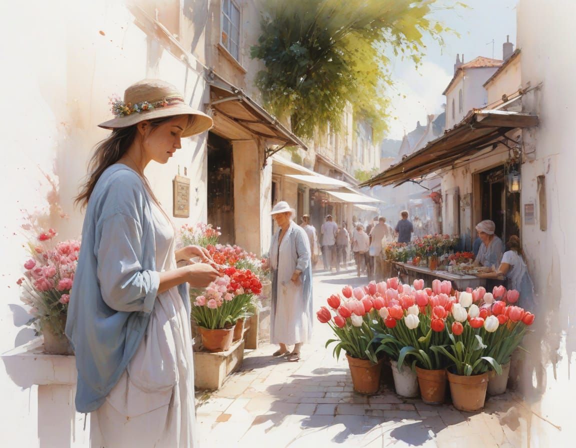 Impressionist Village Square with Flower Stalls