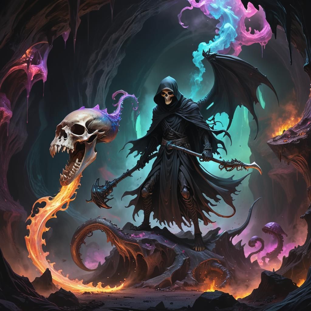 Grim Reaper Rides Dragon Through Bioluminescent Cavern