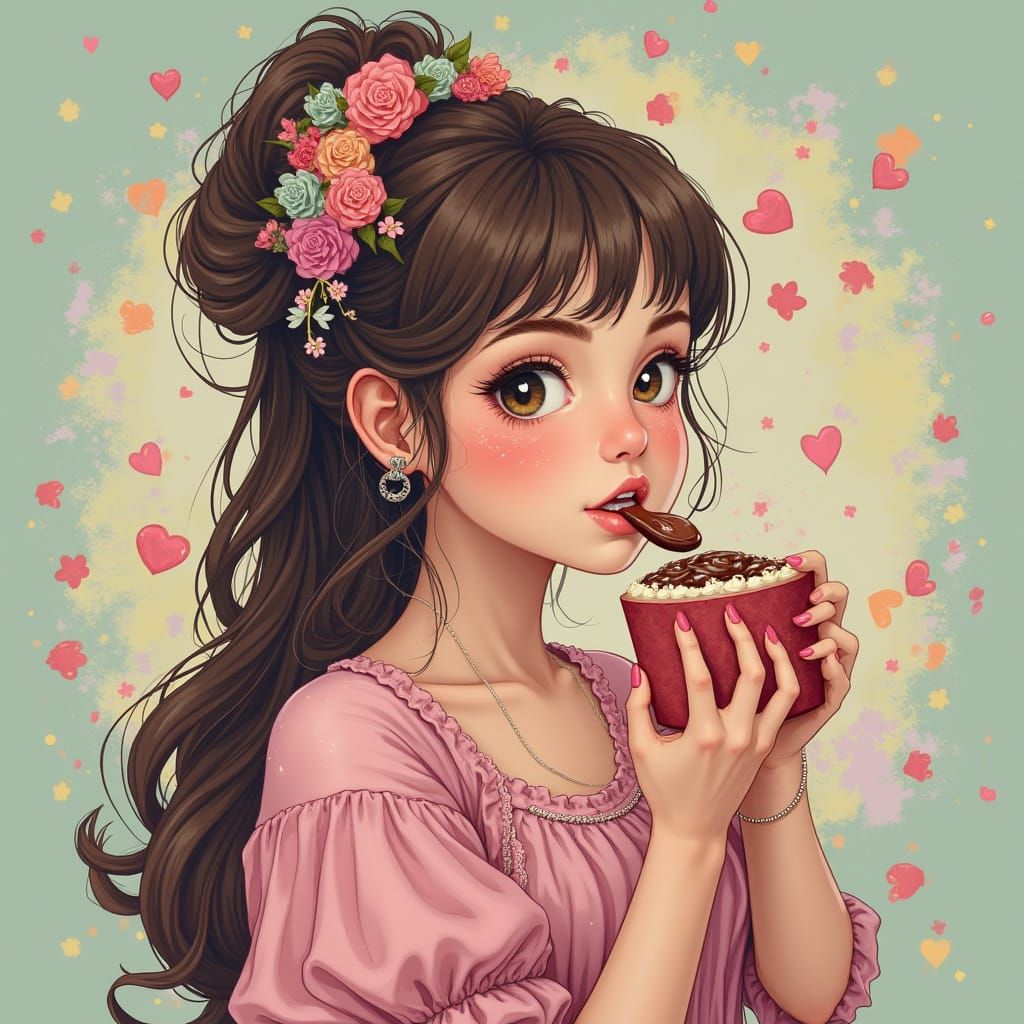 Woman Enjoys Chocolate in Pastel Colors, Illustration Style