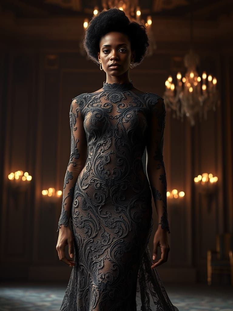 Avant-Garde Lace Gown in Baroque-Inspired Portrait